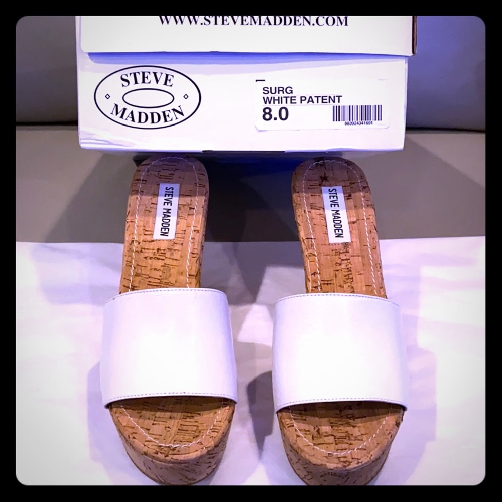 Steve Madden white patent leather wedge slides